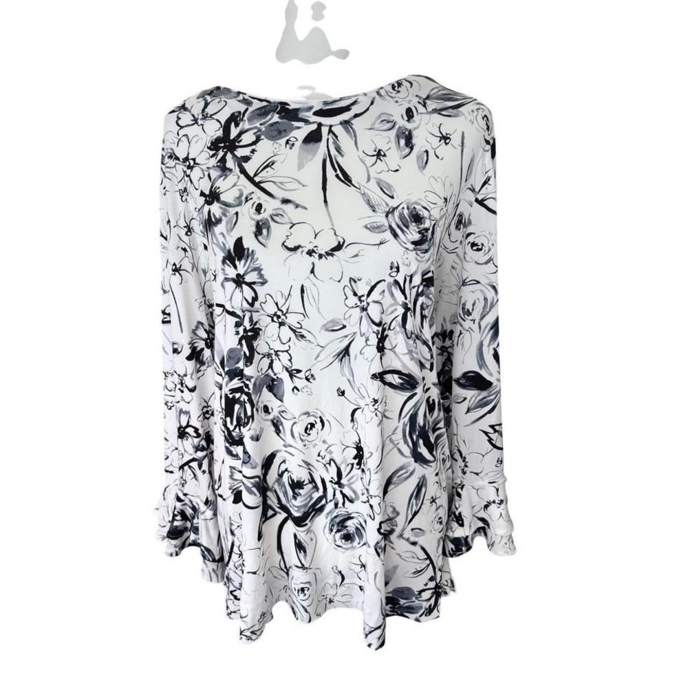 Karl Lagerfeld Paris Womens 2X Floral Ruffle Sleeve Blouse Black White Top